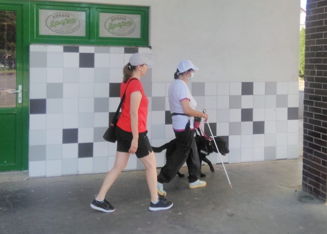 Klientka s čiernou labradorkou v postroji a bielou palicou kráča po chodníku. Za ňou ide cvičiteľka a dohliada na ich spoluprácu.