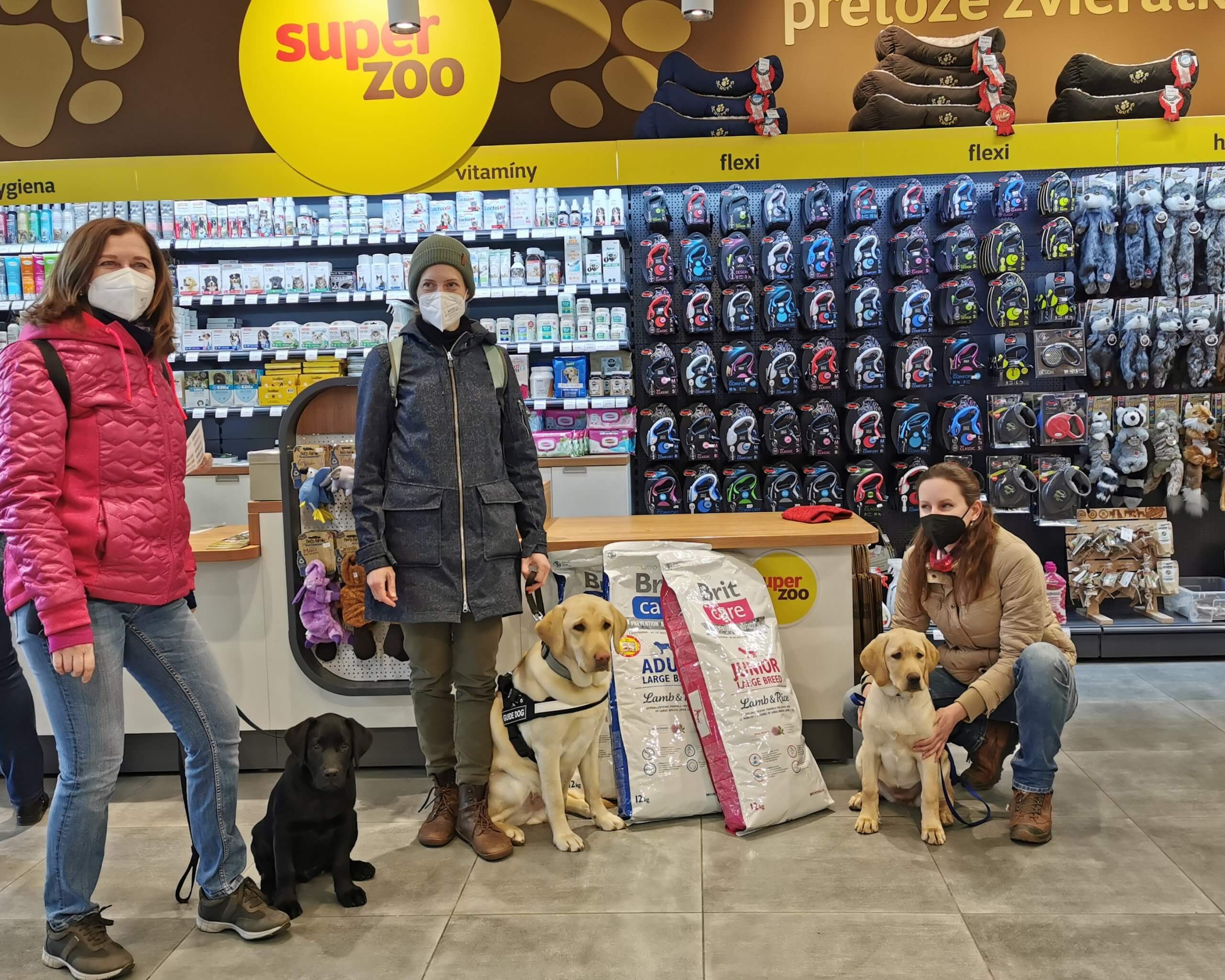 Tri dobrovoľníčky s troma labradormi v rôznom veku stoja pri pokladni v SuperZoo s vrecami granúl a kynologickými potrebami, ktoré dostali. 
