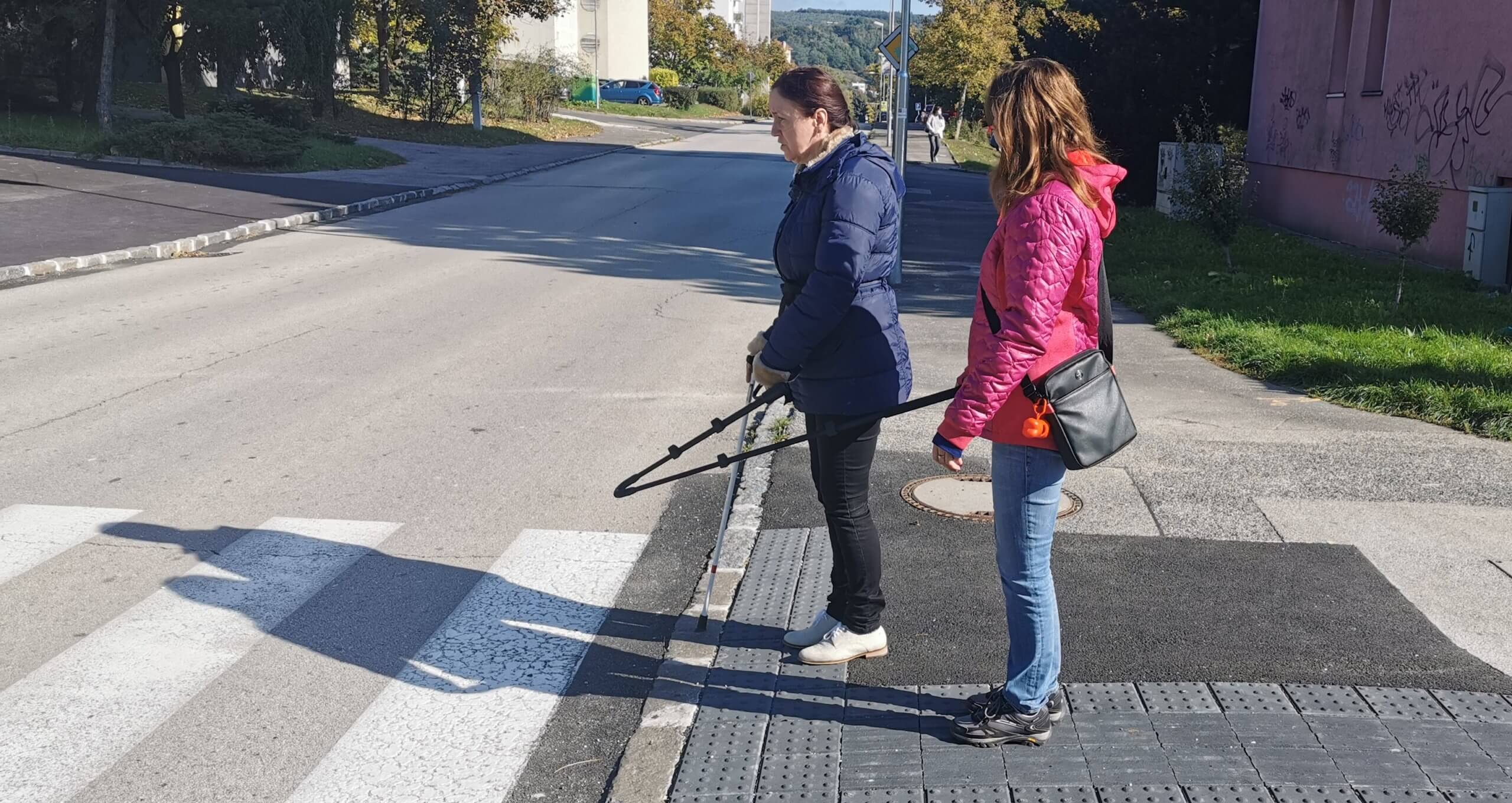 Na okraji zebry stojí cvičiteľka so záujemkyňou vodiaceho psa. Cvičiteľka s pomôckou Dogsim inštruuje záujemkyňu akým spôsobom sa prechádza s vodiacim psom cez zebru. 